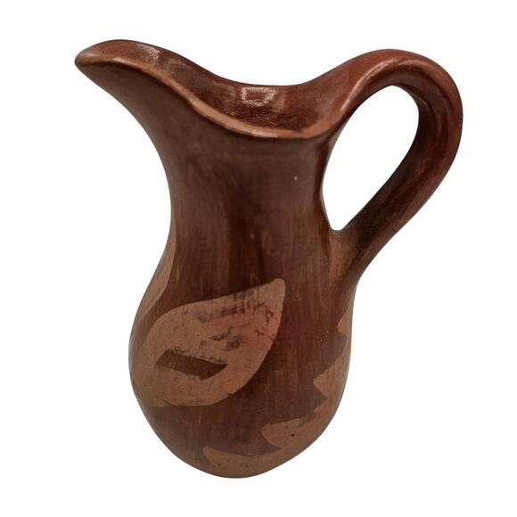 Vintage Native American Miniature Puttery Pitcher MCM Brown Tan Leaves - Picture 1 of 6